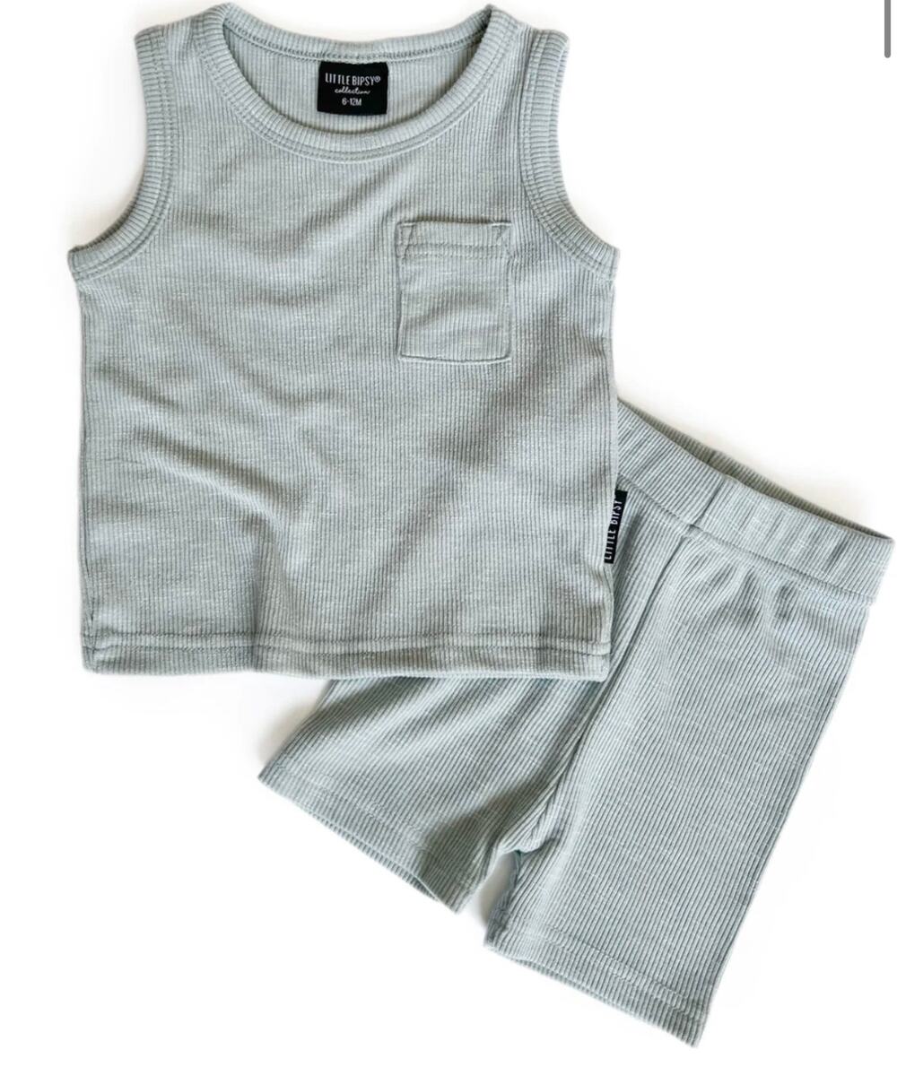 Little Bipsy Sea Side Blue Ribbed Tank & Biker Shorts Outfit Set Size 3-6 Months